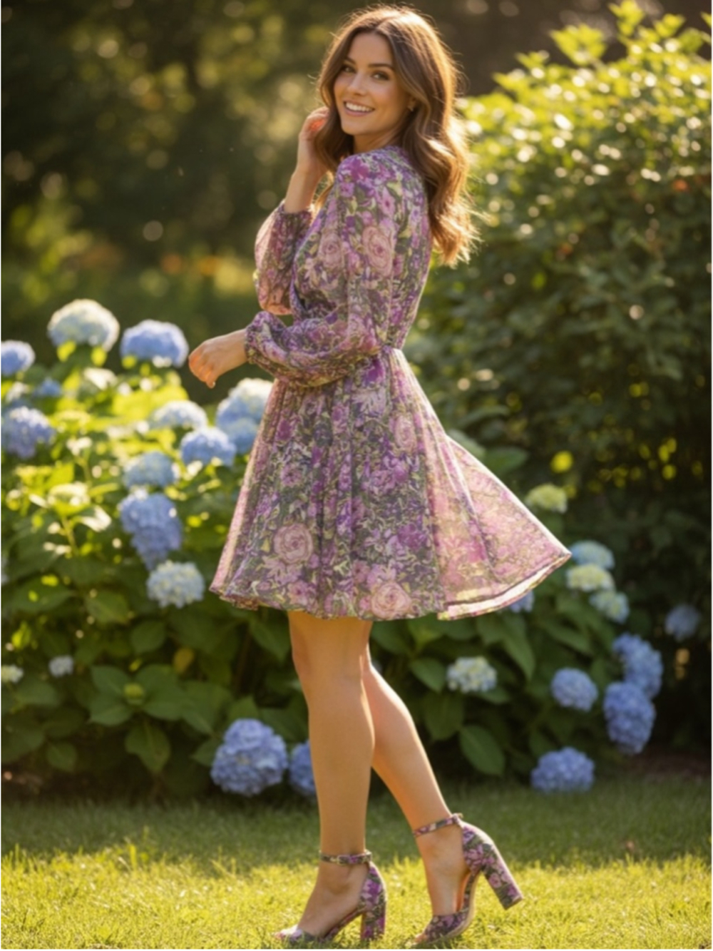 LUSH Purple Green Floral Faux Wrap Long Sleeve Mini Dress Size S NWT